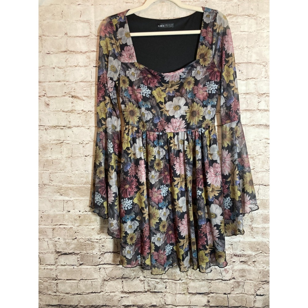 Dark Romantic Babydoll Dress Womens 8 Floral Mesh Bell Sleeve Hippie Grunge